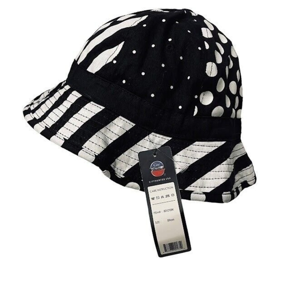 City Hunter USA Bucket Hat Unisex 59cm Black White Mixed Stripe Polka Dot